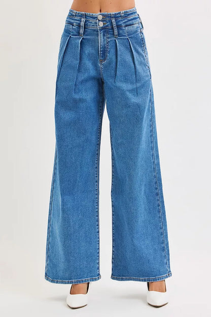Hazel Blues® | RISEN Mid Rise Fit Wide Leg with Pleated Detail Jeans