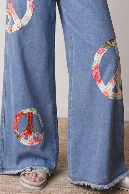Hazel Blues® |  Floral Peace Sign Wide Leg Jeans