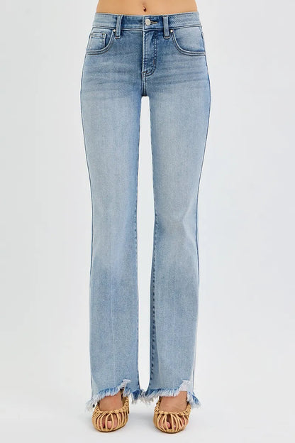 Hazel Blues® | RISEN Tummy Control Mid Rise Flare Jeans with Fray Hem Detailed