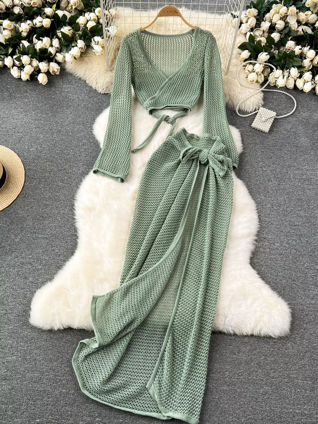 Hazel Blues® |  Knitted Crop Top and Slit Skirt Set