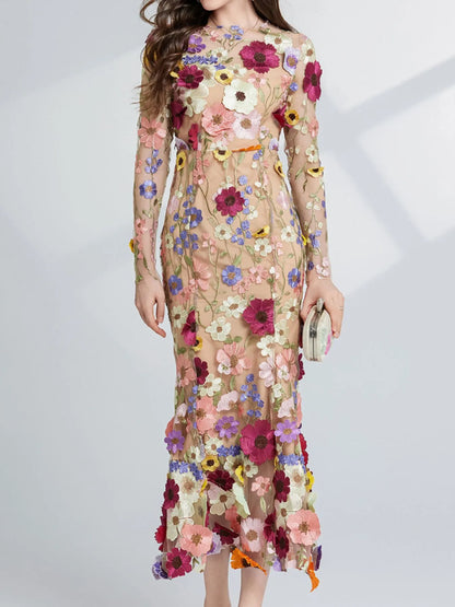 Hazel Blues® |  Floral Embroidered Mesh Long Sleeve Midi Dress