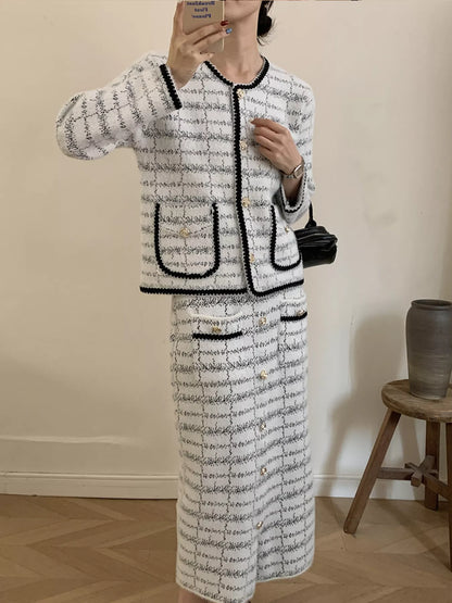 Hazel Blues® |  Tweed Contrast Trim Jacket and Skirt Set