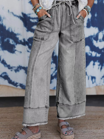 Hazel Blues® |  Wide Leg Drawstring Raw Hem Jeans