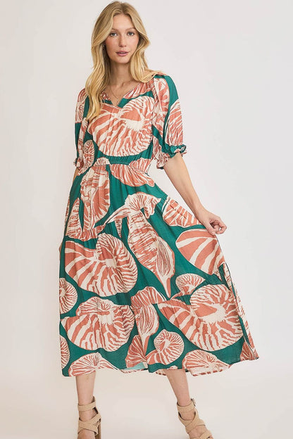 Hazel Blues® | Umgee Printed Notched Puff Sleeve Midi Dress
