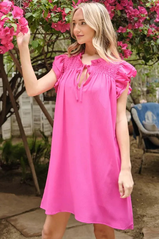 Hazel Blues® |  And The Why Ruffle Shoulder Smocked Detailed Dress