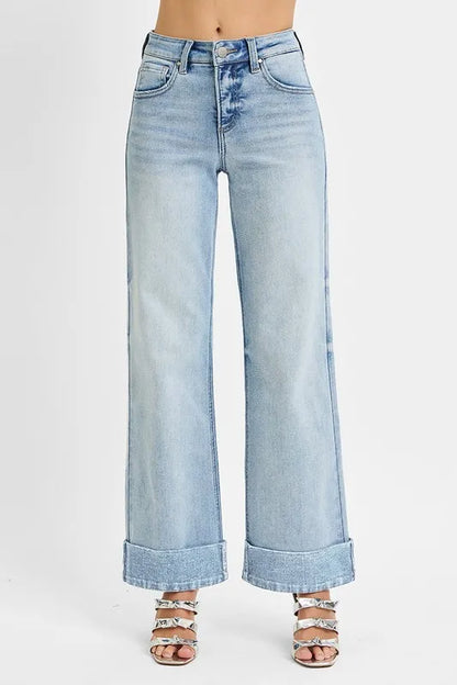 Hazel Blues® | RISEN Tummy Control High Rise Ankle Wide Cuffed Jeans