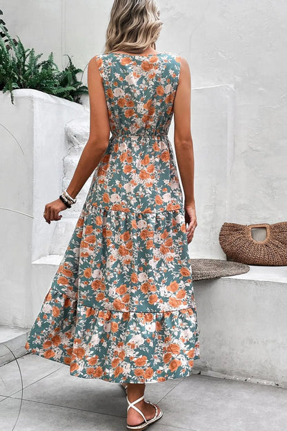 Hazel Blues® |  Floral Print Trimmed V Neck Tie Waist Sleeveless Dress