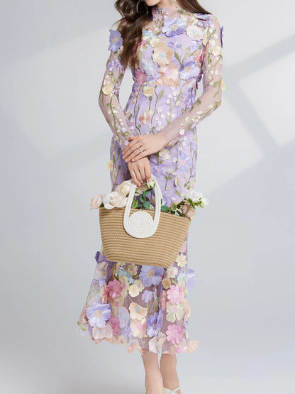 Hazel Blues® |  Floral Embroidered Mesh Long Sleeve Midi Dress