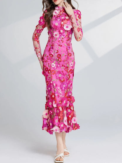 Hazel Blues® |  Floral Embroidered Mesh Long Sleeve Midi Dress