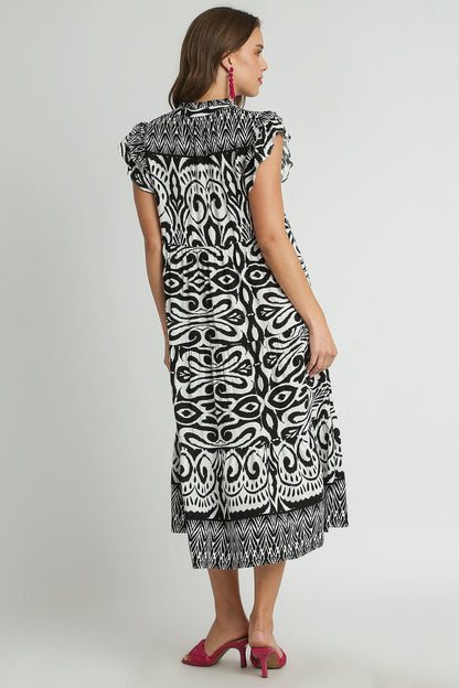 Hazel Blues® | Umgee Two Tone Border Print Ruffle Cap Sleeve Midi Dress