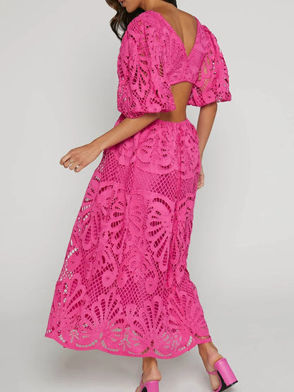 Hazel Blues® |  Cutout Back Lace Crochet V-Neck Dress