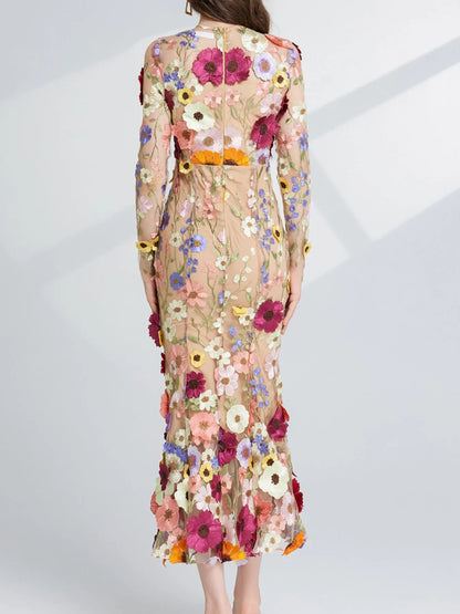 Hazel Blues® |  Floral Embroidered Mesh Long Sleeve Midi Dress