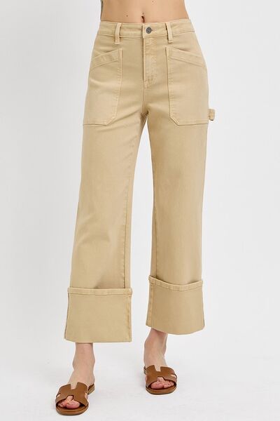 Hazel Blues® | RISEN High Rise Wide Straight Cuffed Patch Jeans