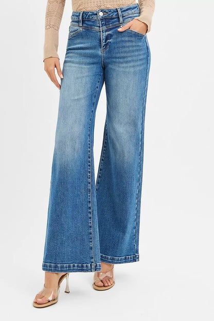 Hazel Blues® |  RISEN High Rise Wide Leg Jenas with Front Yoke and Heart Back Pocket