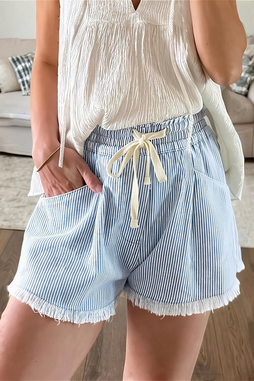 Striped Raw Hem Denim Shorts