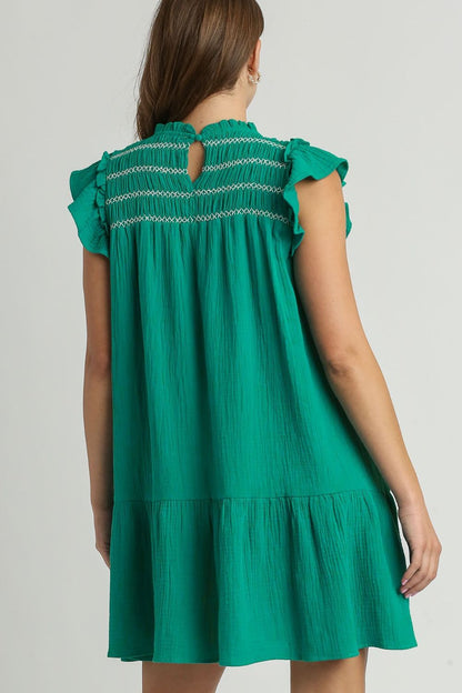 Hazel Blues® | Umgee Smocked Contrast Stitching Ruffle Cap Sleeve Round Neck Dress
