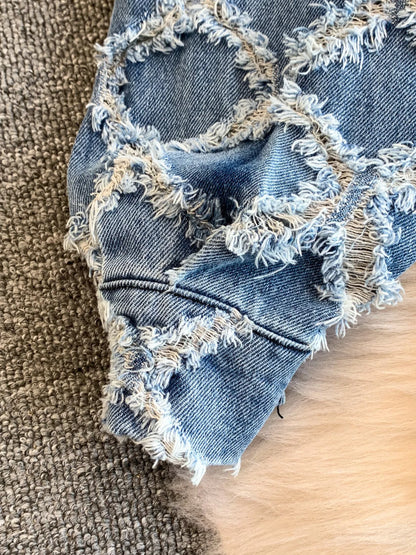 Hazel Blues® |  Distressed Diamond Pattern Jacket and Shorts Denim Set