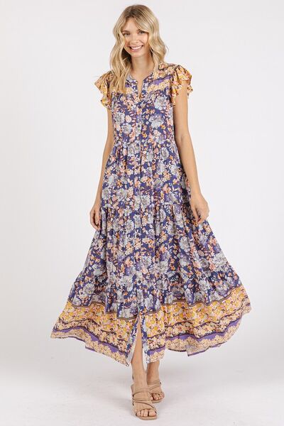 Hazel Blues® |  Mittoshop Floral Ruffled Notched Cap Sleeve Maxi Dress