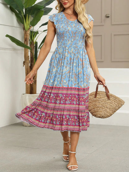 Hazel Blues® |  Printed Round Neck Cap Sleeve Dress