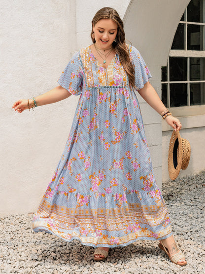 Hazel Blues® | Printed Tie Neck Flutter Sleeve Maxi Dress