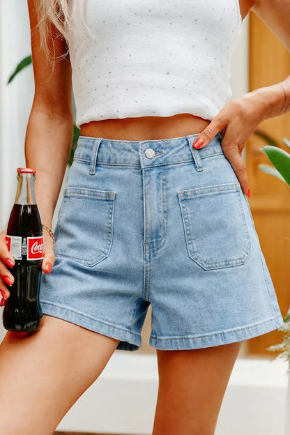 Hazel Blues® |  High Rise Patch Pocket Denim Shorts