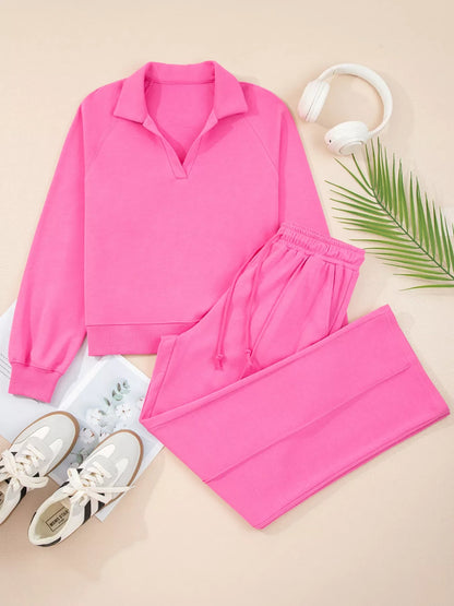 Hazel Blues® |  Solid Color Collared Pullover and Central Seam Pants Set