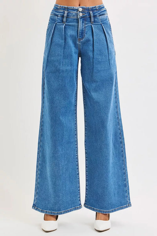 Hazel Blues® | RISEN Mid Rise Fit Wide Leg with Pleated Detail Jeans