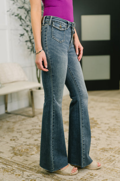 Hazel Blues® |  Jackie Mid Rise Flare Jean with Front Flap Pockets