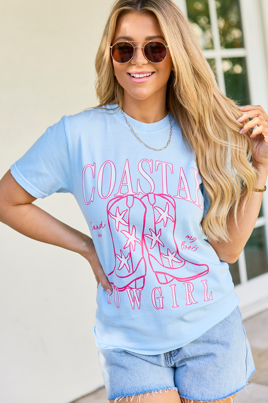 Coastal Cowgirl Boots Light Blue Comfort Colors Graphic Tee