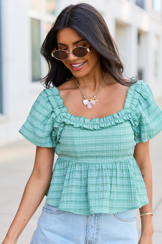 Amie Teal Plaid Ruffle Trim Babydoll Top