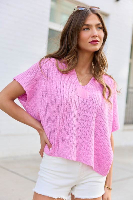 Alana Pink Open Knit Short Sleeve Sweater