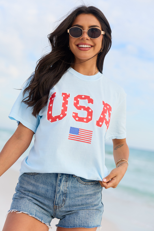 Athletic USA Flag Star Print Light Blue Comfort Colors Graphic Tee