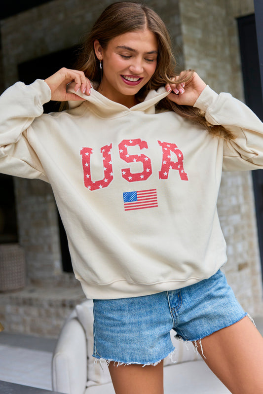 Athletic USA Flag Star Print Cream Graphic Hoodie