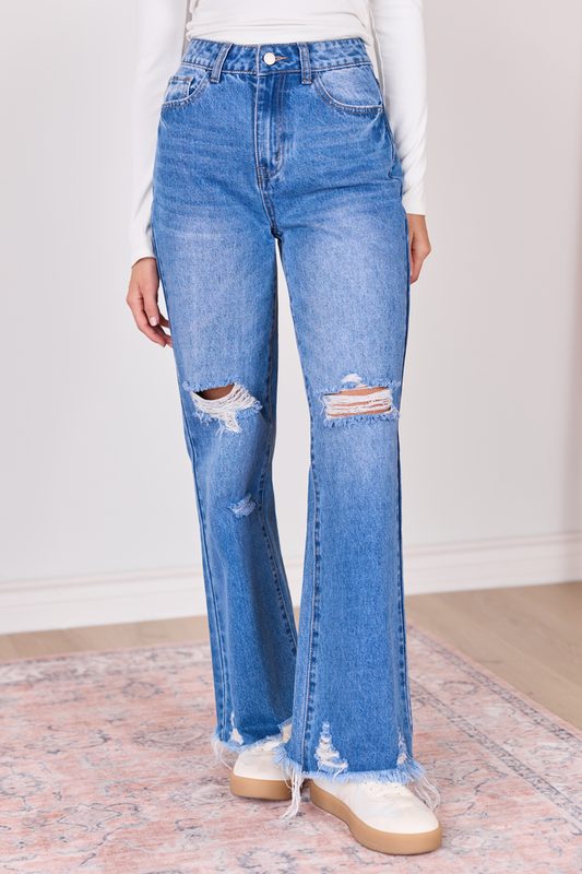 Ariel Medium Wash Distressed Wide Leg Jeans