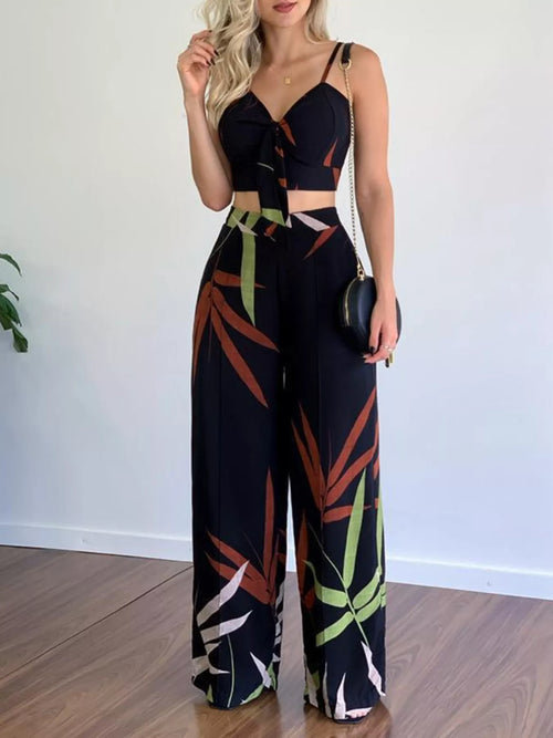 Hazel Blues® |  Tropical Print Spaghetti Strap Crop Top and Wide Leg Pants Set