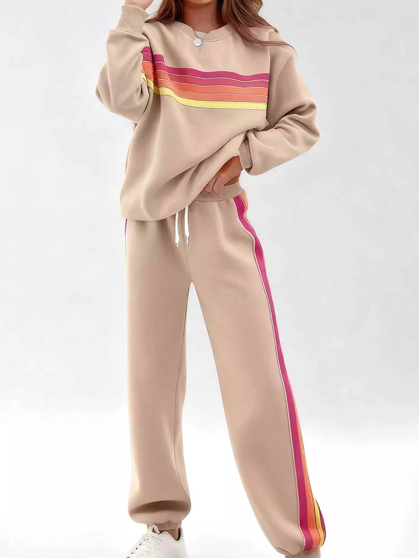Hazel Blues® |  Striped Round Neck Sweatshirt and Pants Set
