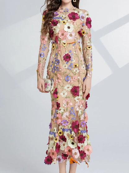 Hazel Blues® |  Floral Embroidered Mesh Long Sleeve Midi Dress