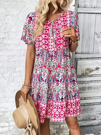 Hazel Blues® |  Printed Tie Neck Short Sleeve Dress