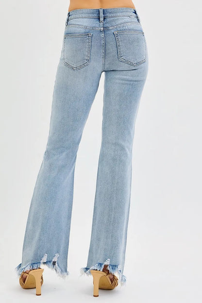 Hazel Blues® | RISEN Tummy Control Mid Rise Flare Jeans with Fray Hem Detailed