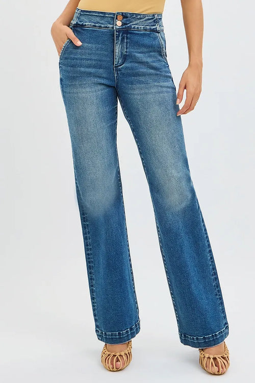 Hazel Blues® | RISEN Tummy Control High Rise Bootcut Jeans with Double Button Waistband