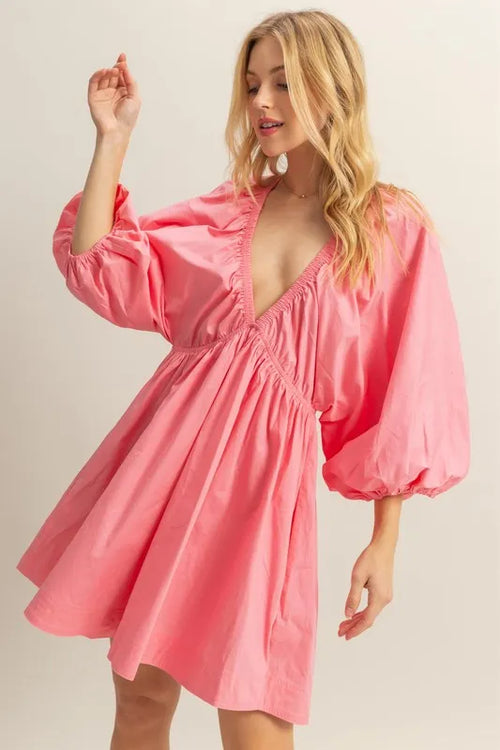 Hazel Blues® |  HYFVE Plunge Balloon Sleeve Poplin Mini Dress with Pockets