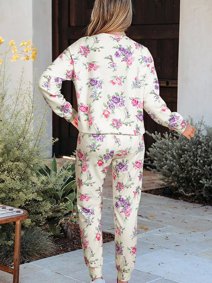 Hazel Blues® |  Floral Print Round Neck Top and Drawstring Pants Lounge Set