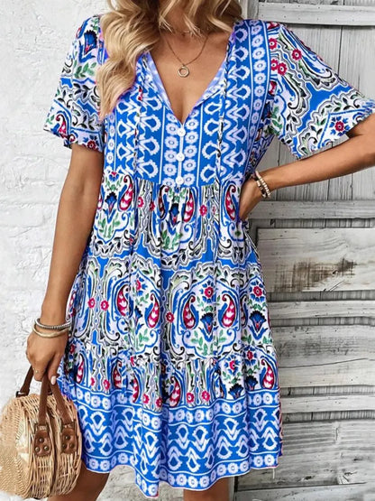 Hazel Blues® |  Printed Tie Neck Short Sleeve Dress