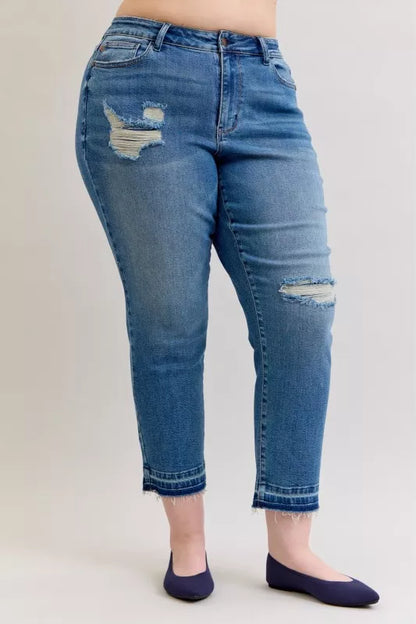 Hazel Blues® | Judy Blue Mid Rise Bf Patch & Repair Destroy Release Hem Jeans