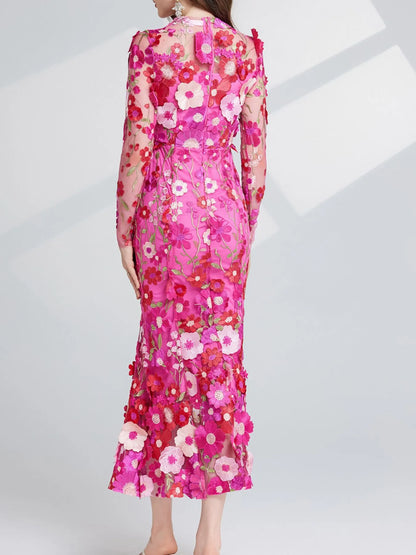Hazel Blues® |  Floral Embroidered Mesh Long Sleeve Midi Dress