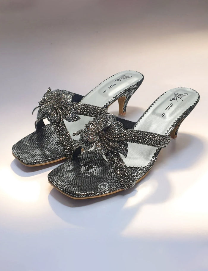 Black Fancy Block Heel Slipper