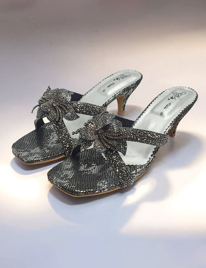 Black Fancy Block Heel Slipper