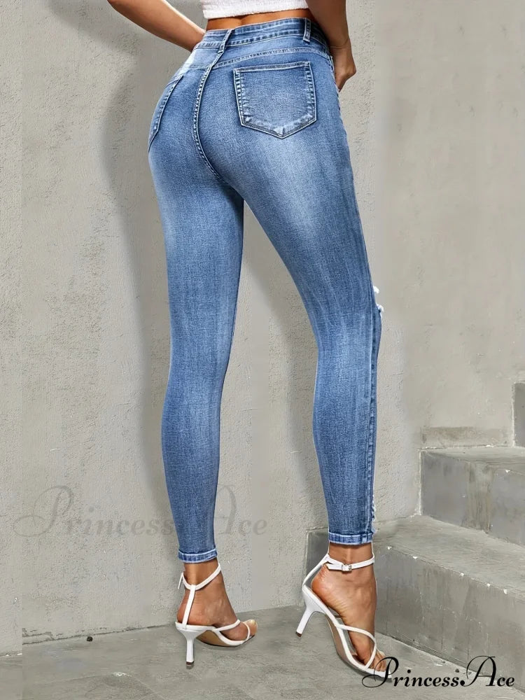 Blue Ripped Holes Skinny Slim Fit High Stretch Distressed Tight Women's Denim & Clothing Jean