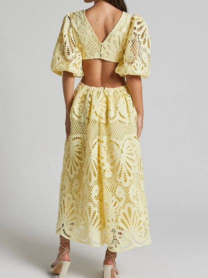 Hazel Blues® |  Cutout Back Lace Crochet V-Neck Dress