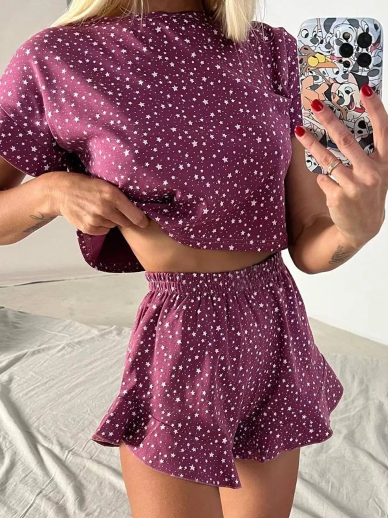 Hazel Blues® |  Printed Crop Top and Ruffled Shorts Lounge Set